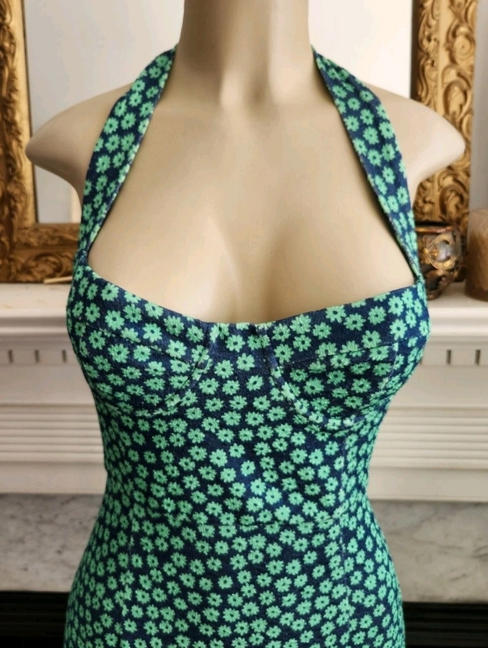 Anthropologie Hutch Blue Floral Dress Sz Medium Green Halter Ruffle Stretch Midi - Picture 5 of 8